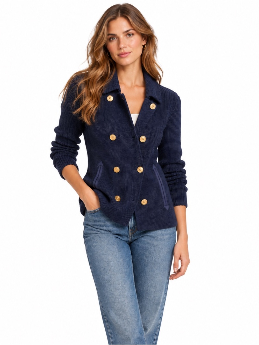 Lauren Ralph Lauren Double Breasted Knit Navy Sweater Jacket